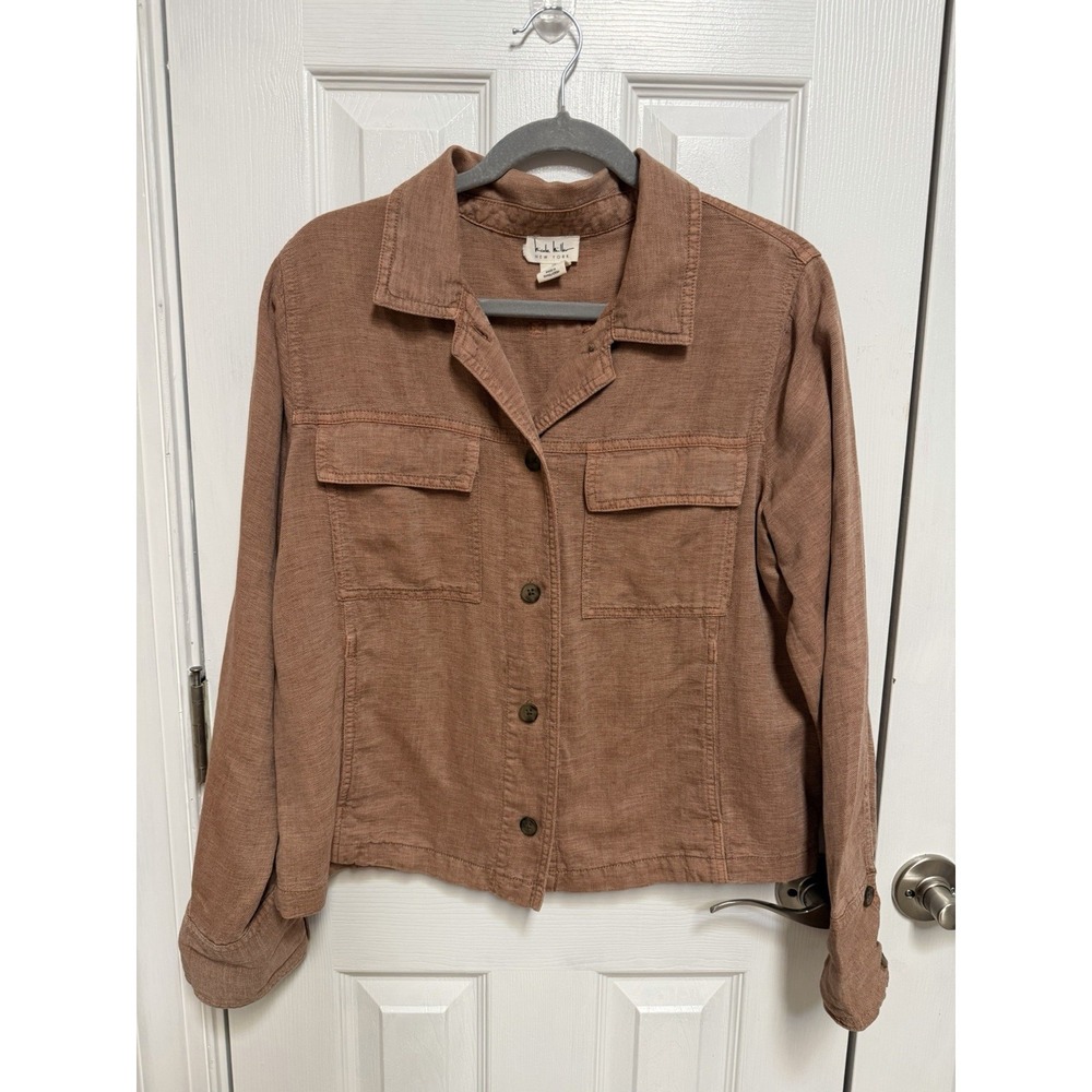 Nicole Miller New York Linen Lyocell Utility Jacket L Milk Chocolate Shacket